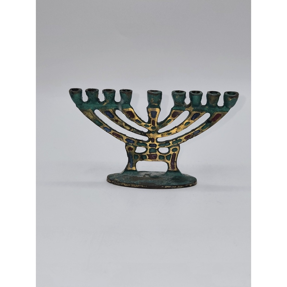 Israel Cast Metal Menorah Enamel Style Multicolor Judaica Hanukkah‎ Candelabra